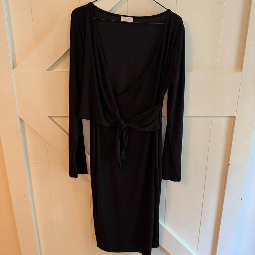 Pink Lily Dress Black Tie/Wrap Front Long Sleeve Ribbed Soft Large